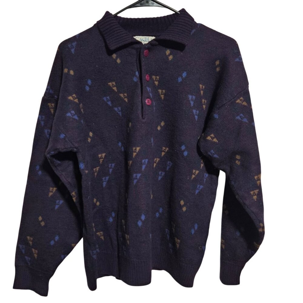 Vintage Castile By Jeff Rose Wool Sweater Mens Size Large Purple Geometric